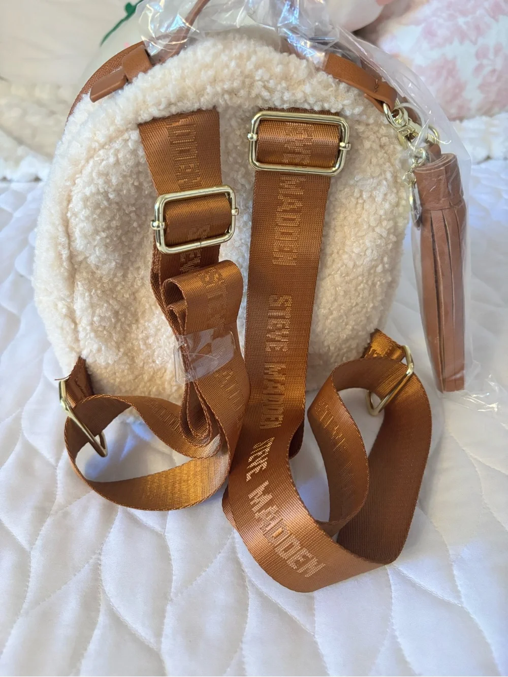 🧸Steve Madden Cream/Brown Mini Backpack Gold Hardware Zip Closure Inner Pockets